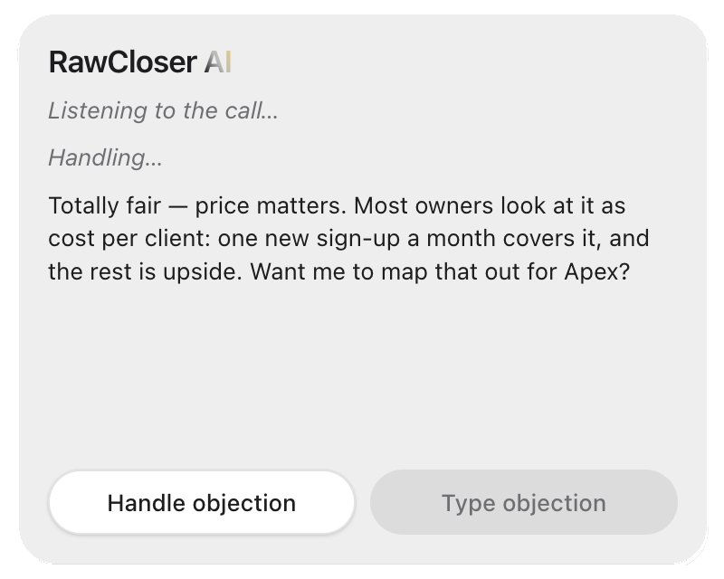 Preview of RawCloser AI+, a planned automatic objection-handling mode shown here with a speaker-separated call transcript — coming to the Max plan.