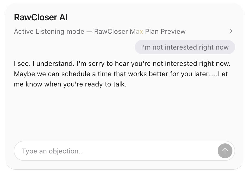 RawCloser's objection-handling panel during a live call, showing a plain-language answer to the objection just raised.